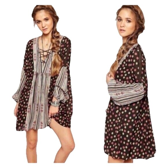 Free People Rain or Shine Lace Up Boho Peasant Swing Long Sleeve Dress Size M - Picture 1 of 12